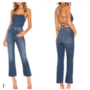 Mother The Tie Back Hustler Ankle Fray Jumpsuit in Pardon My French Denim 30